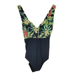 Calia Swim One Piece 4 Swimsuit Bathing Suit Black Tropical Padded Shelf Bra
